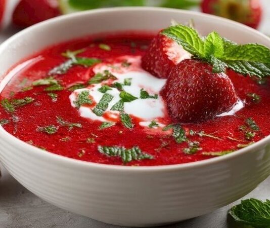 Çilekli soğuk yoğurt çorbası, yaz aylarında sofraların hem hafif hem tatlı ve ferahlatıcı seçeneği olarak öne çıkıyor. Taze çilekler ve yoğurdun birleşimiyle hazırlanan bu çorba, hem lezzeti hem de görselliği ile sofraları süslüyor. Çilekli soğuk yoğurt çorbası, içine eklenen taze nane ve hafif şekerle sofralarda hem aroma hem de renk katıyor. Yaz sofralarında özellikle öğle ve akşam yemeklerinde tercih edilen bu tarif, sağlıklı ve ferahlatıcı bir başlangıç olarak dikkat çekiyor. Konulu bir haber görseli.